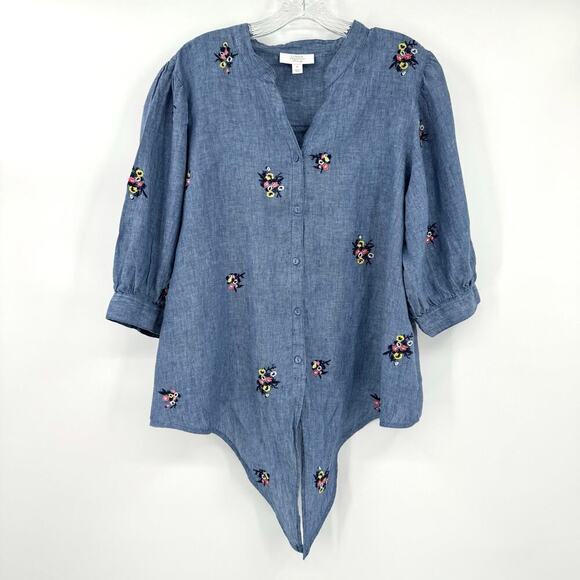 Charter Club Women’s Size XL 100% Linen 3/4 Tie Waist Blouse Floral Embroidery - Picture 8 of 12